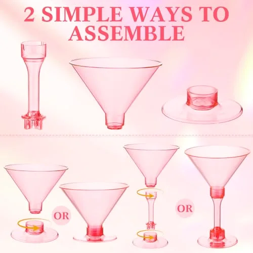 Hot Plastic Martini Glasses 2-in-1 Disposable Cocktail & Dessert Cups, Detachable Unbreakable Glassware for Bachelorette Party, Wedding Reception, Bar view 2