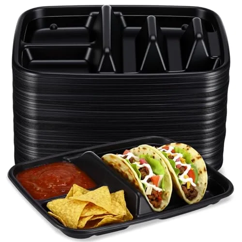 Large 2 Tacos and 2 Sides Taco Plates, Disposable PP Taco Plates with Dividers for Party, Fiesta Tacos Holder for Ta co Tuesday, Microwave Safe Ta co Plate () view 6