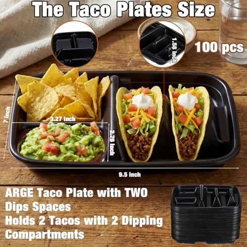 Large 2 Tacos and 2 Sides Taco Plates, Disposable PP Taco Plates with Dividers for Party, Fiesta Tacos Holder for Ta co Tuesday, Microwave Safe Ta co Plate () view 7