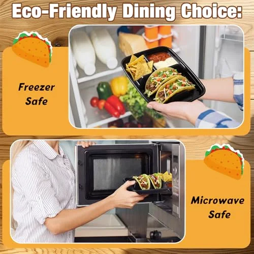 Large 2 Tacos and 2 Sides Taco Plates, Disposable PP Taco Plates with Dividers for Party, Fiesta Tacos Holder for Ta co Tuesday, Microwave Safe Ta co Plate () view 9