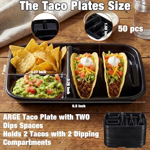 Large 2 Tacos and 2 Sides Taco Plates, Disposable PP Taco Plates with Dividers for Party, Fiesta Tacos Holder for Ta co Tuesday, Microwave Safe Ta co Plate () view 2