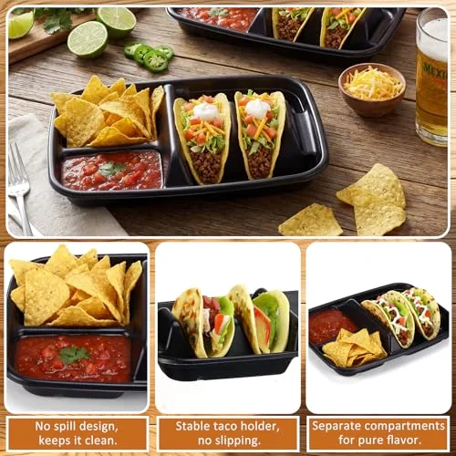 Large 2 Tacos and 2 Sides Taco Plates, Disposable PP Taco Plates with Dividers for Party, Fiesta Tacos Holder for Ta co Tuesday, Microwave Safe Ta co Plate () view 3
