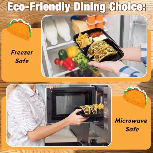 Large 2 Tacos and 2 Sides Taco Plates, Disposable PP Taco Plates with Dividers for Party, Fiesta Tacos Holder for Ta co Tuesday, Microwave Safe Ta co Plate () view 4