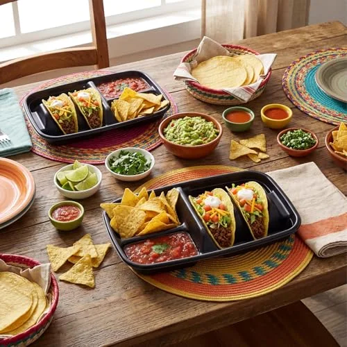 Large 2 Tacos and 2 Sides Taco Plates, Disposable PP Taco Plates with Dividers for Party, Fiesta Tacos Holder for Ta co Tuesday, Microwave Safe Ta co Plate () view 5