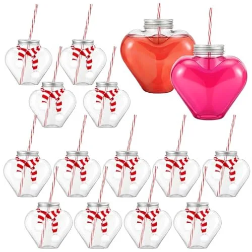 Mother's Day Heart Cup Galentines Plastic Heart Bottles with Straws Set Including Reusable Drink Empty Bottles Straws and Scarf for Mother Party Milk Juicing Drinking