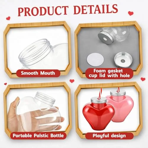 Mother's Day Heart Cup Galentines Plastic Heart Bottles with Straws Set Including Reusable Drink Empty Bottles Straws and Scarf for Mother Party Milk Juicing Drinking view 3