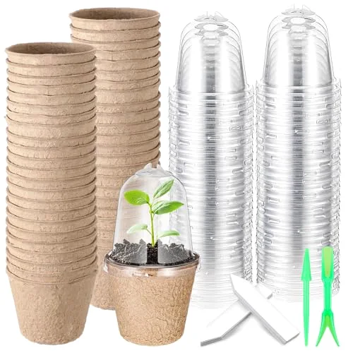 Biodegradable Nursery Pots with 30 Humidity Dome and 30 Labels, 4" Plant Nursery Seed Starter Planter Biodegradable Peat Pots for Planting Seedlings, Vegetables (Round)