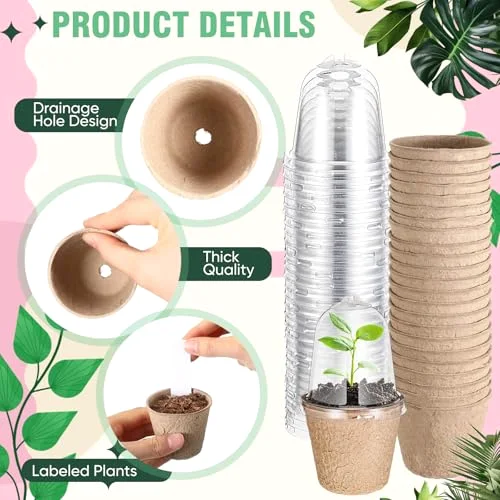 Biodegradable Nursery Pots with 30 Humidity Dome and 30 Labels, 4" Plant Nursery Seed Starter Planter Biodegradable Peat Pots for Planting Seedlings, Vegetables (Round) view 3