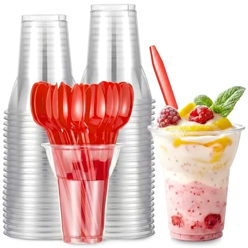 Root Beer Float Cups Plastic Parfait Cups with Dessert Spoons Disposable Milkshake Glasses Crystal Sundae Mugs for Yogurt Ice Cream Soda Party Drinks ( Spoon)