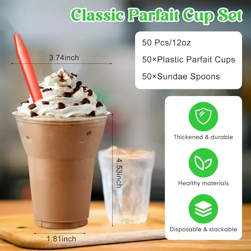 Root Beer Float Cups Plastic Parfait Cups with Dessert Spoons Disposable Milkshake Glasses Crystal Sundae Mugs for Yogurt Ice Cream Soda Party Drinks ( Spoon) view 3