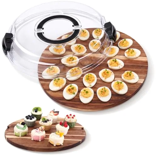 Easter Acacia Wood Deviled Egg Platter with Lid 20 Holes 13 x Deviled Egg Tray Reversible Charcuterie Board Wooden Food Holder Serving Container for Countertop