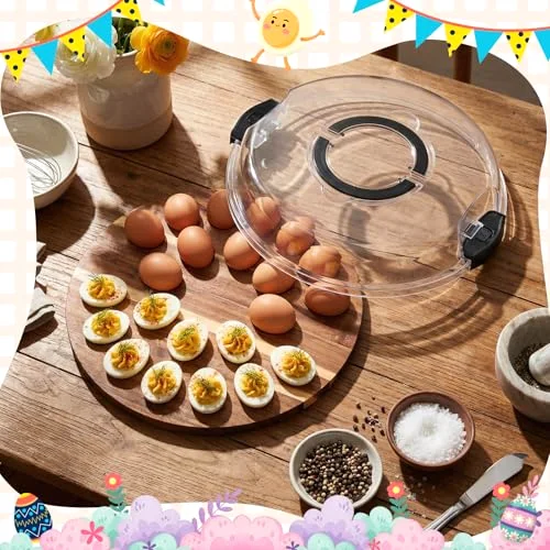 Easter Acacia Wood Deviled Egg Platter with Lid 20 Holes 13 x Deviled Egg Tray Reversible Charcuterie Board Wooden Food Holder Serving Container for Countertop view 2