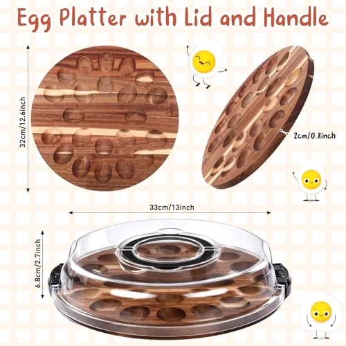 Easter Acacia Wood Deviled Egg Platter with Lid 20 Holes 13 x Deviled Egg Tray Reversible Charcuterie Board Wooden Food Holder Serving Container for Countertop view 3