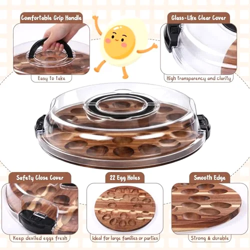 Easter Acacia Wood Deviled Egg Platter with Lid 20 Holes 13 x Deviled Egg Tray Reversible Charcuterie Board Wooden Food Holder Serving Container for Countertop view 4
