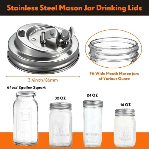 Stainless Steel Mason Jar Drinking Lids for Wide Mouth Mason Jars, Rust Proof Leak Proof Seal Cover fit Home Tea, Milk, Juice Drinks Airtight Turns your Container into Pitcher view 2