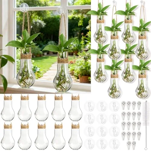 3.94" Plastic Window Propagation Stations Hanging Propagation Vases Plant Test Tubes with Suction Cup & Traceless Nail & Brush Wall Jars for Office Home Garden Decor Lover Gift