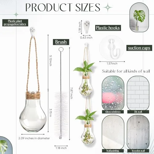 3.15" Plastic Window Propagation Stations Hanging Propagation Vases Plant Test Tubes with Suction Cup & Traceless Nail & Brush Wall Jars for Office Home Garden Decor Lover Gift view 2