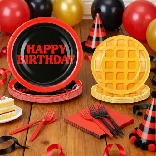 and Birthday Party Supplies Spooky Theme Plates Napkins and Forks Waffle Birthday Party Table Decorations Disposable Cake Tableware Set for 24 Guests view 3