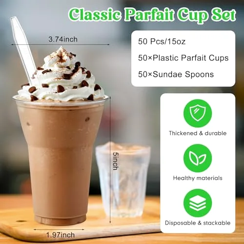 Root Beer Float Cups Plastic Parfait Cups with Dessert Spoons Disposable Milkshake Glasses Crystal Sundae Mugs for Yogurt Ice Cream Soda Party Drinks ( Spoon) view 8