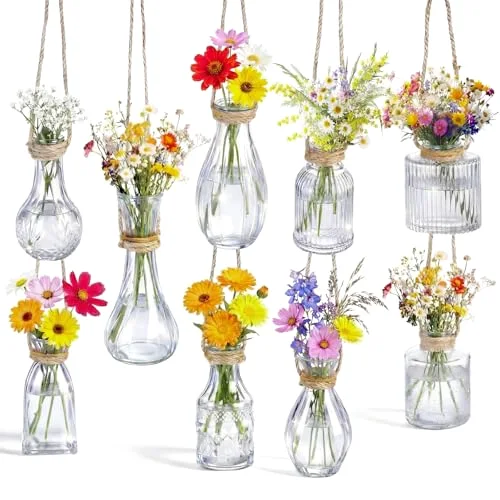 Set of 9 Glass Window Propagation Vases with Jute Rope Small Wall Propagation Vases Mini Vintage Embossed Flower Vase for Plant Lover Wedding Party Gift Hydroponic Garden Home Decoration