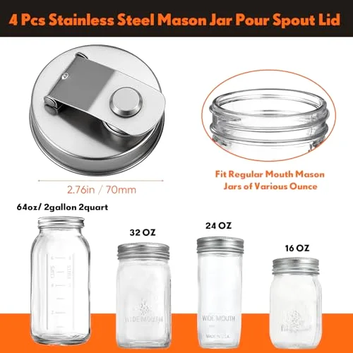Stainless Steel Mason Jar Pour Spout Lid for Wide Mouth Mason Jars Rust Proof Leak Proof Seal Cover fit Home Tea, Milk, Juice Drinks Airtight Turns your Container into Pitcher view 2