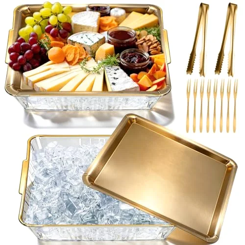 Chilled Serving Tray for Christmas Parties Ice Chilled Party Platter Charcuterie Serving Board Cold Dish Dip with Forks Tongs for Fruit Seafood Vegetable Appetizer (11.81")