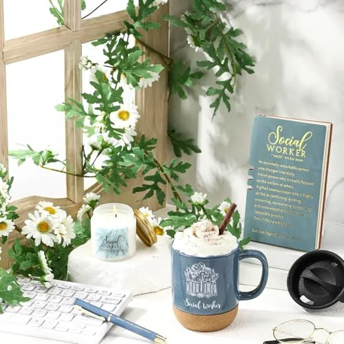 Social Worker Gifts for Women Appreciation Graduation Set in Morandi Sky Mug Notebook Pen Candle for BSW MSW DSW Office Desk view 4