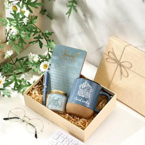 Social Worker Gifts for Women Appreciation Graduation Set in Morandi Sky Mug Notebook Pen Candle for BSW MSW DSW Office Desk view 5