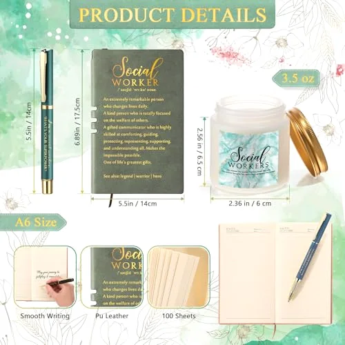 Social Worker Gifts for Women Appreciation Graduation Set in Morandi Pine Mug Notebook Pen Candle for BSW MSW DSW Office Desk view 2