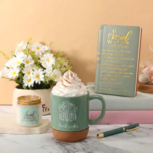 Social Worker Gifts for Women Appreciation Graduation Set in Morandi Pine Mug Notebook Pen Candle for BSW MSW DSW Office Desk view 4