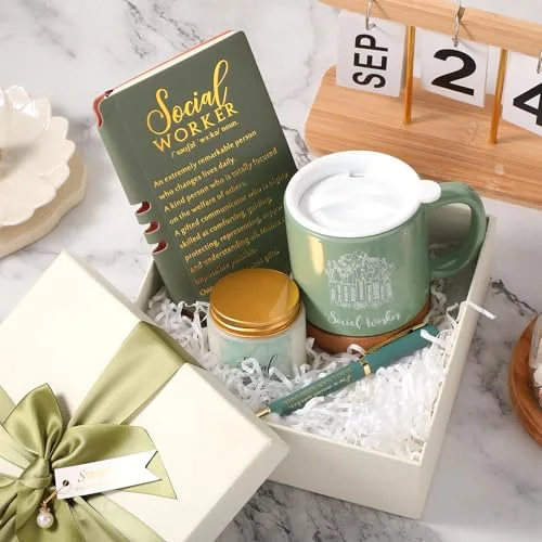 Social Worker Gifts for Women Appreciation Graduation Set in Morandi Pine Mug Notebook Pen Candle for BSW MSW DSW Office Desk view 5