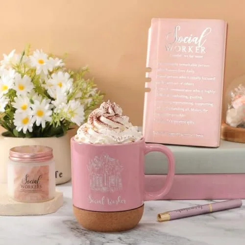 Social Worker Gifts for Women Appreciation Graduation Set in Blush Mug Notebook Pen Candle for BSW MSW DSW Office Desk view 4