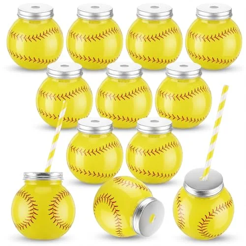 Sports Party Decor Plastic Ball Shape Cups with Straws and Lids Ball Cups Bulk Sport Theme Bottle for Drink Birthday Party Favors Supplies(Softball)