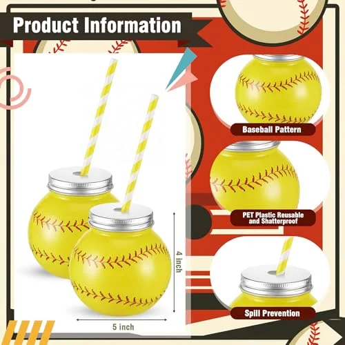 Sports Party Decor Plastic Ball Shape Cups with Straws and Lids Ball Cups Bulk Sport Theme Bottle for Drink Birthday Party Favors Supplies(Softball) view 2