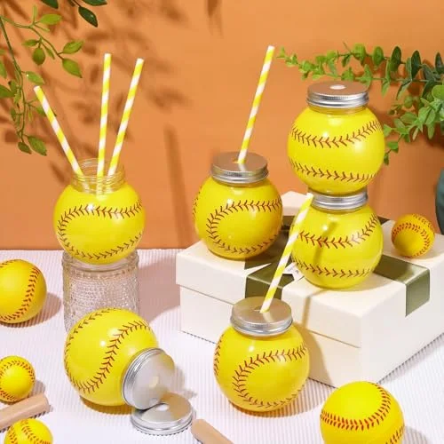 Sports Party Decor Plastic Ball Shape Cups with Straws and Lids Ball Cups Bulk Sport Theme Bottle for Drink Birthday Party Favors Supplies(Softball) view 3