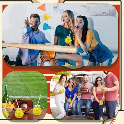 Sports Party Decor Plastic Ball Shape Cups with Straws and Lids Ball Cups Bulk Sport Theme Bottle for Drink Birthday Party Favors Supplies(Softball) view 5