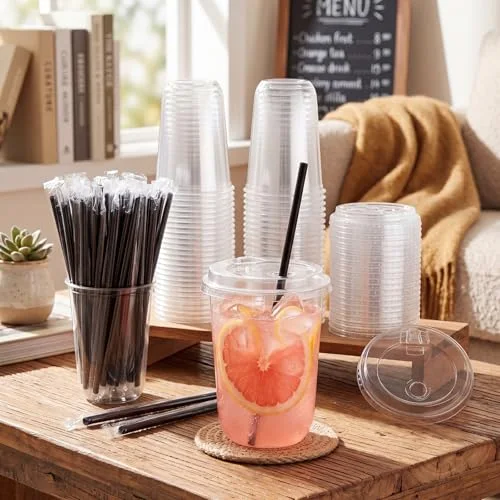 Plastic Cups with Strawless Sip Lids and Straws Disposable Iced Coffee Cups with Straw Slot Lids for Cold Beverage Smoothie Coffee and Party Catering() view 7