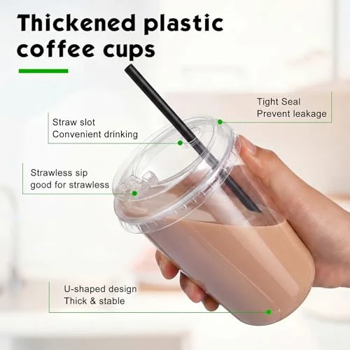 Plastic Cups with Strawless Sip Lids and Straws Disposable Iced Coffee Cups with Straw Slot Lids for Cold Beverage Smoothie Coffee and Party Catering() view 9