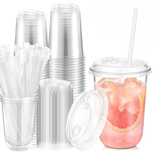 Plastic Cups with Strawless Sip Lids and Straws Disposable Iced Coffee Cups with Straw Slot Lids for Cold Beverage Smoothie Coffee and Party Catering()