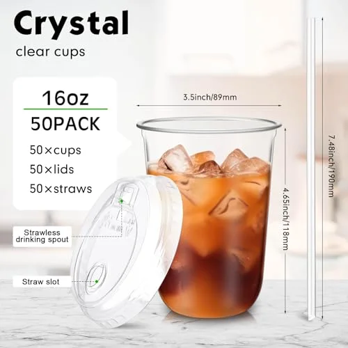 Plastic Cups with Strawless Sip Lids and Straws Disposable Iced Coffee Cups with Straw Slot Lids for Cold Beverage Smoothie Coffee and Party Catering() view 2