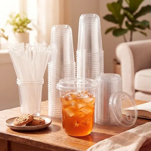 Plastic Cups with Strawless Sip Lids and Straws Disposable Iced Coffee Cups with Straw Slot Lids for Cold Beverage Smoothie Coffee and Party Catering() view 3