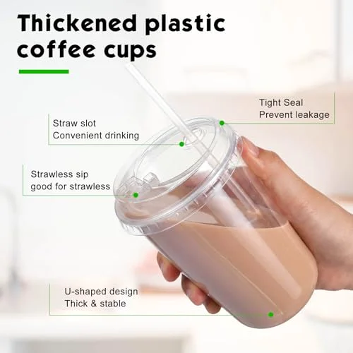 Plastic Cups with Strawless Sip Lids and Straws Disposable Iced Coffee Cups with Straw Slot Lids for Cold Beverage Smoothie Coffee and Party Catering() view 4