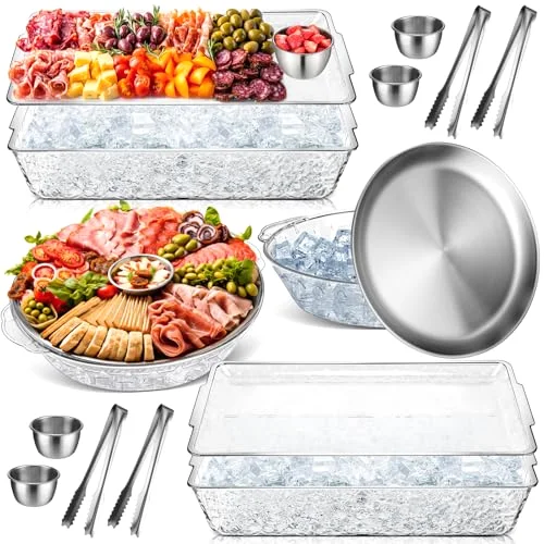 11.8" Chilled Serving Tray for Party Ice Chilled Party Platter Dipping Bowl with Tong for Fruit Seafood(X 9",Plastic and Stainless Steel and)