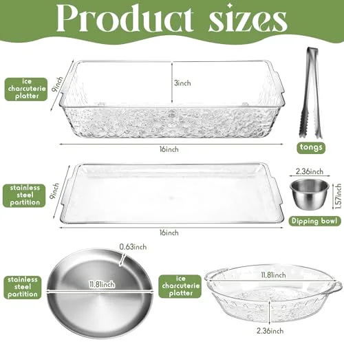 11.8" Chilled Serving Tray for Party Ice Chilled Party Platter Dipping Bowl with Tong for Fruit Seafood(X 9",Plastic and Stainless Steel and) view 2