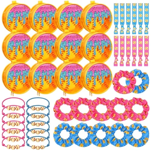 Ice Cream Softball Gifts for Team Party Favors Softball Goodie Bag Include 4" Mini Ice Cream Cosmetics Makeup Bag Hair Scrunchies Satin Ties Bracelet for Girl Woman Player Teams Gifts