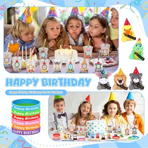 Birthday Classroom Gifts for Students, Includes Stuffed Animal with Disposable Cups Pencil Silicone Bracelets Stickers for School Reward Birthday Party Favors Gifts from Teacher view 2