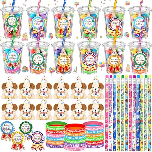 Birthday Classroom Gifts for Students, Includes Stuffed Animal Dog with Disposable Cups Pencil Silicone Bracelets Stickers for School Reward Birthday Party Favors Gifts from Teacher