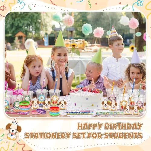 Birthday Classroom Gifts for Students, Includes Stuffed Animal Dog with Disposable Cups Pencil Silicone Bracelets Stickers for School Reward Birthday Party Favors Gifts from Teacher view 2