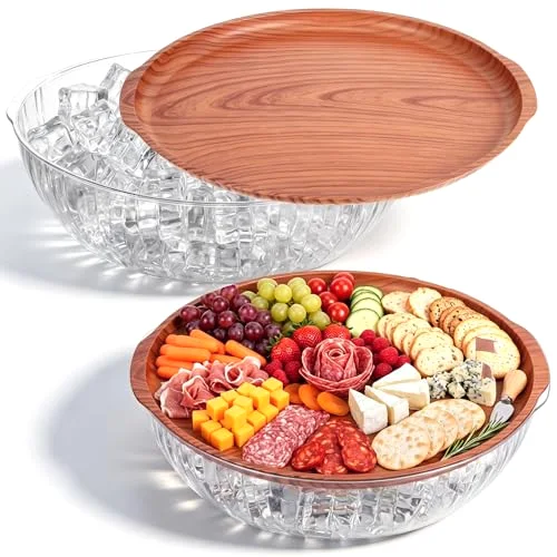 Rim Grain 11.8" Chilled Serving Tray for Parties Round Iced Platter with Compartments Charcuterie Serving Board for Fruit Seafood Vegetable Appetizer view 6