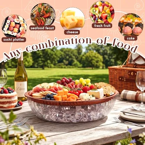 Rim Grain 11.8" Chilled Serving Tray for Parties Round Iced Platter with Compartments Charcuterie Serving Board for Fruit Seafood Vegetable Appetizer view 9